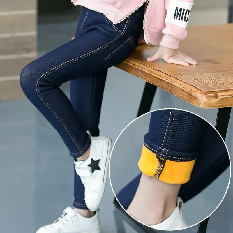 Thick Warm Soft Stretchy Denim Winter Leggings For Girls