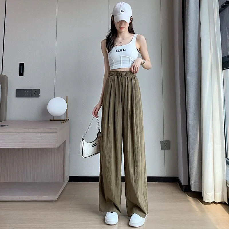 Thin Casual Sun Protection High-Waisted Loose Fit Draping Linen Cotton Silky Pants