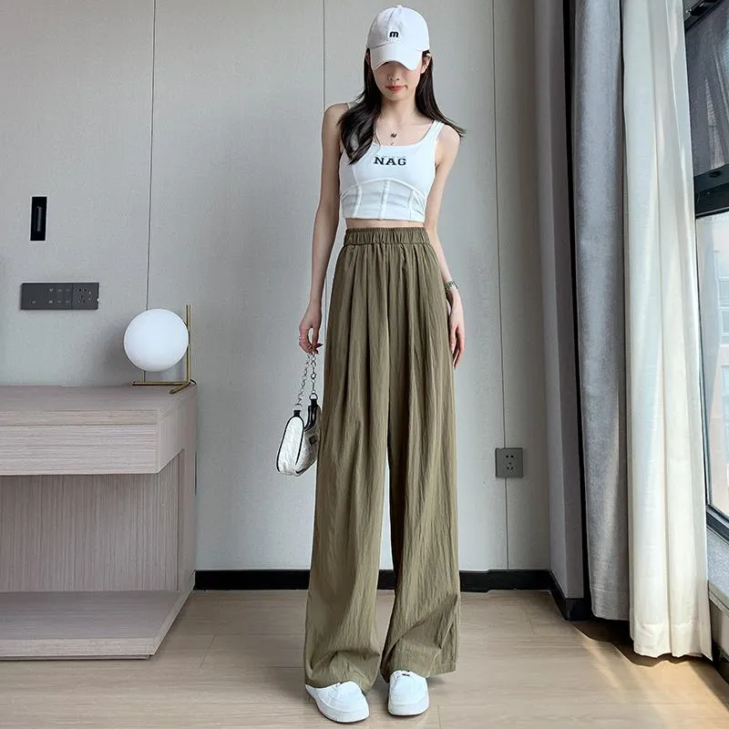 Thin Casual Sun Protection High-Waisted Loose Fit Draping Linen Cotton Silky Pants