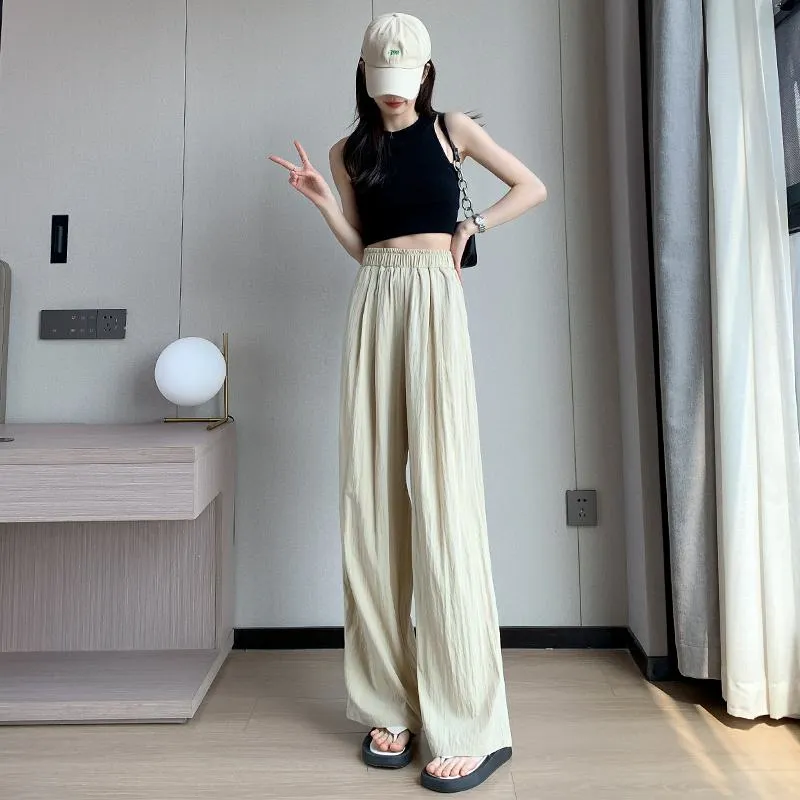 Thin Casual Sun Protection High-Waisted Loose Fit Draping Linen Cotton Silky Pants