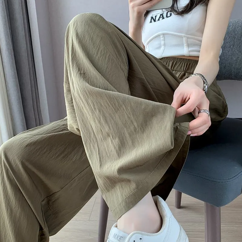 Thin Casual Sun Protection High-Waisted Loose Fit Draping Linen Cotton Silky Pants