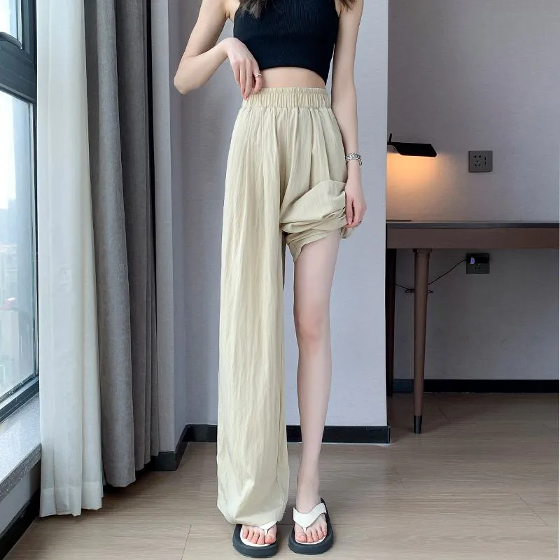 Thin Casual Sun Protection High-Waisted Loose Fit Draping Linen Cotton Silky Pants