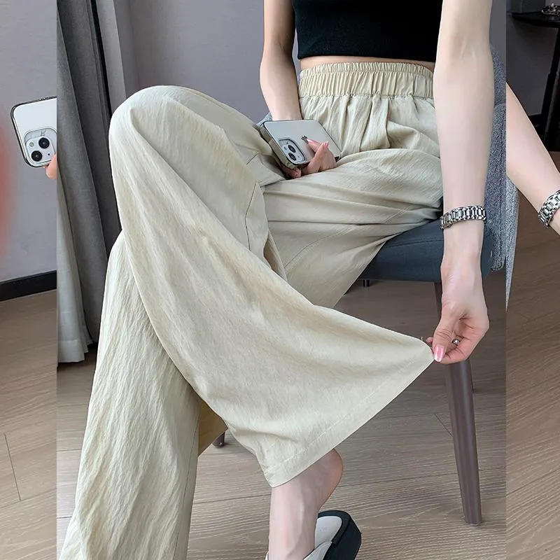 Thin Casual Sun Protection High-Waisted Loose Fit Draping Linen Cotton Silky Pants