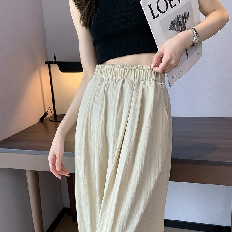 Thin Casual Sun Protection High-Waisted Loose Fit Draping Linen Cotton Silky Pants