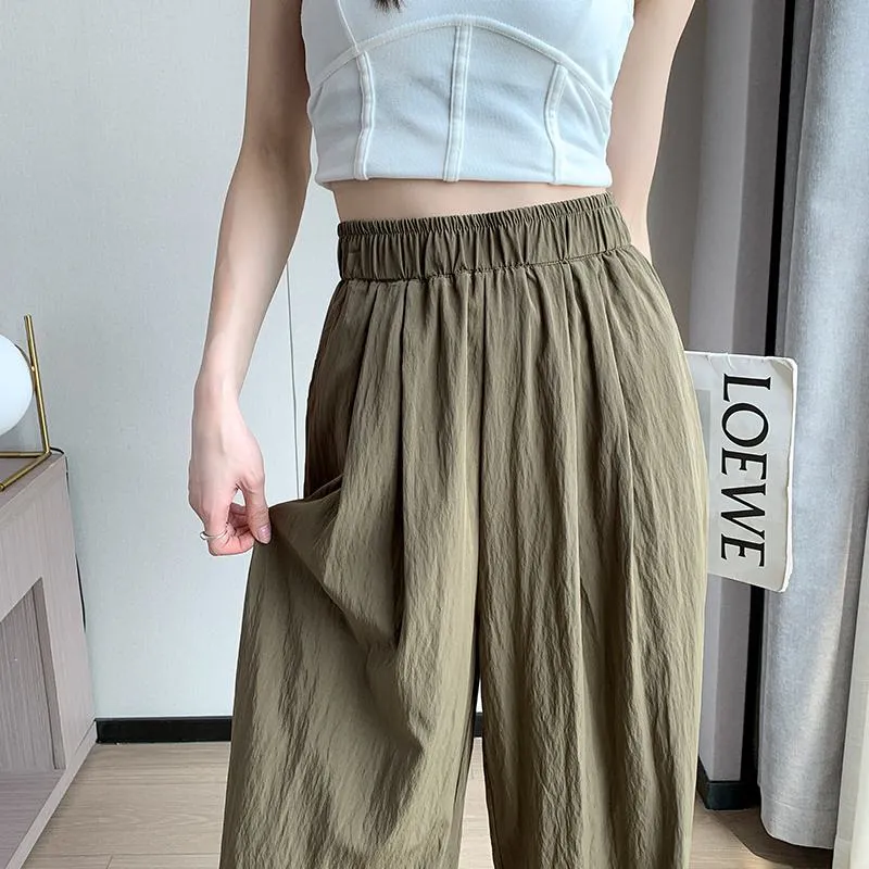 Thin Casual Sun Protection High-Waisted Loose Fit Draping Linen Cotton Silky Pants