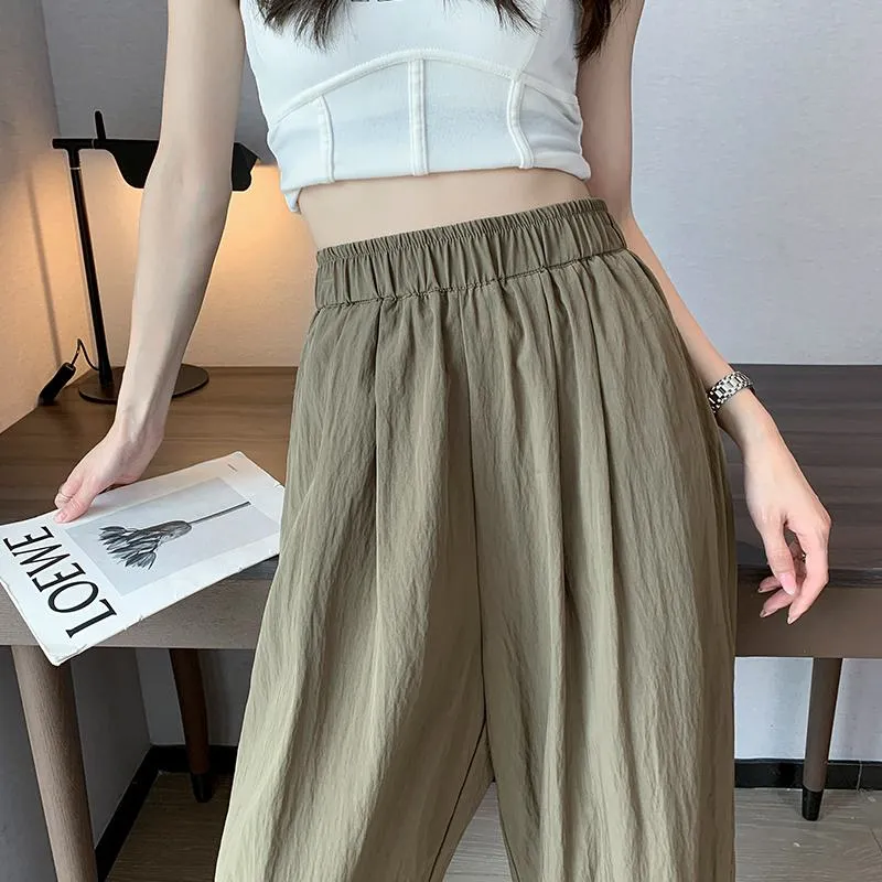 Thin Casual Sun Protection High-Waisted Loose Fit Draping Linen Cotton Silky Pants