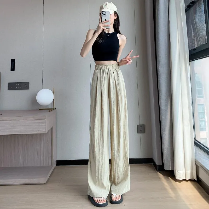 Thin Casual Sun Protection High-Waisted Loose Fit Draping Linen Cotton Silky Pants