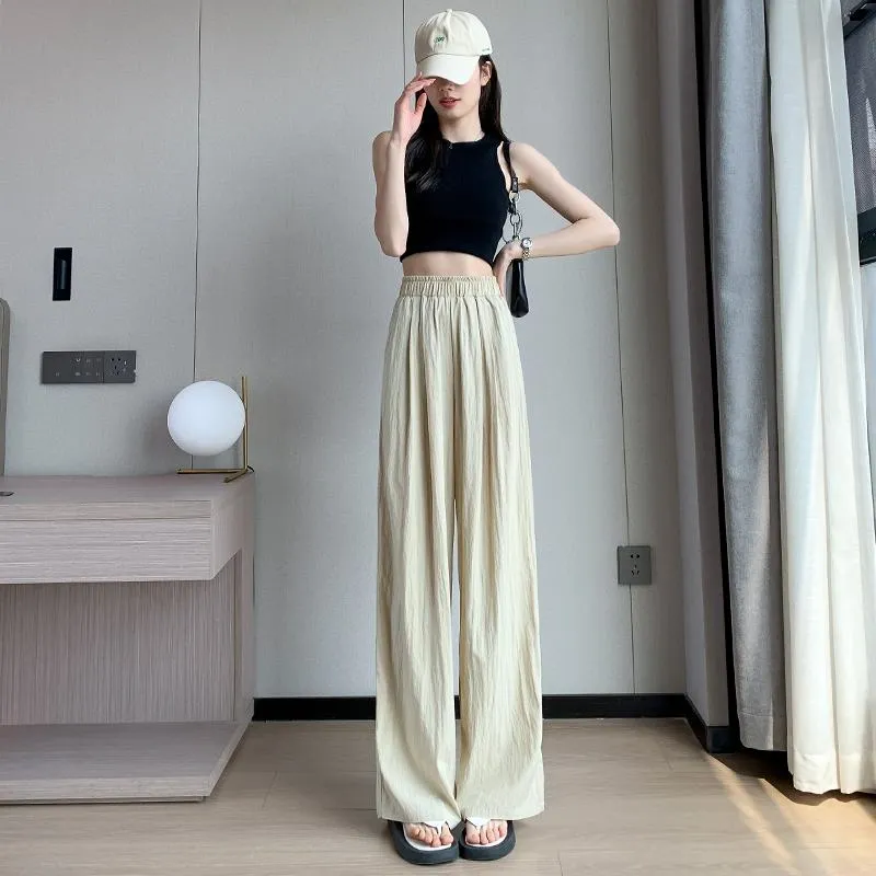 Thin Casual Sun Protection High-Waisted Loose Fit Draping Linen Cotton Silky Pants