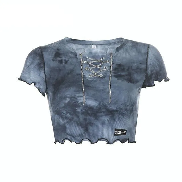 Tie Dye Print V-Neck Chain Crop Top Knitted Lace Up Short Sleeve Tees