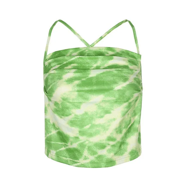 Tie Dye Women Tank Top Backless Sexy Rave Outfits Sleeveless Cross Lace Up Bralette Crop Top Summer Harajuku Streetwear