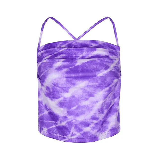 Tie Dye Women Tank Top Backless Sexy Rave Outfits Sleeveless Cross Lace Up Bralette Crop Top Summer Harajuku Streetwear