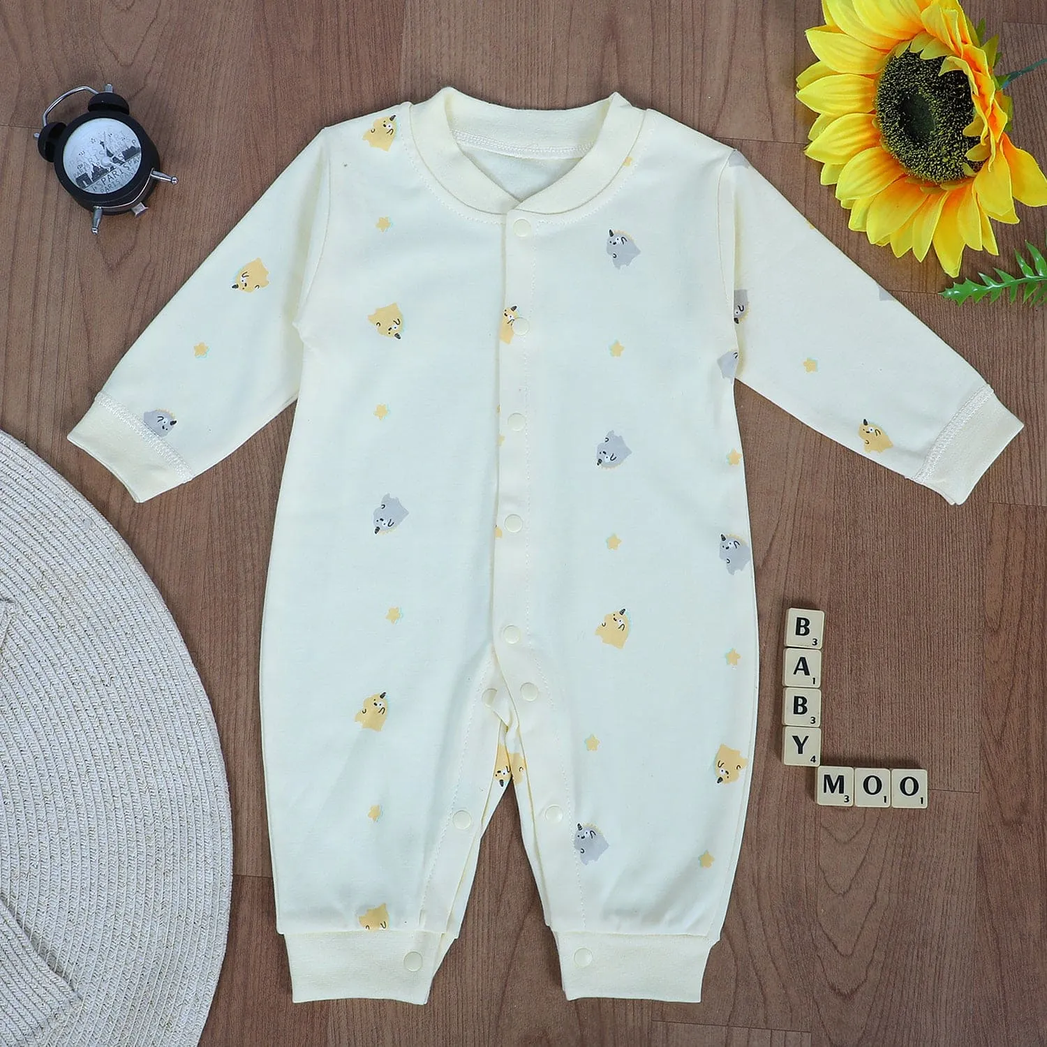 Unicorns And Stars Full Sleeves One-Piece Snap Button Bodysuit - Yellow