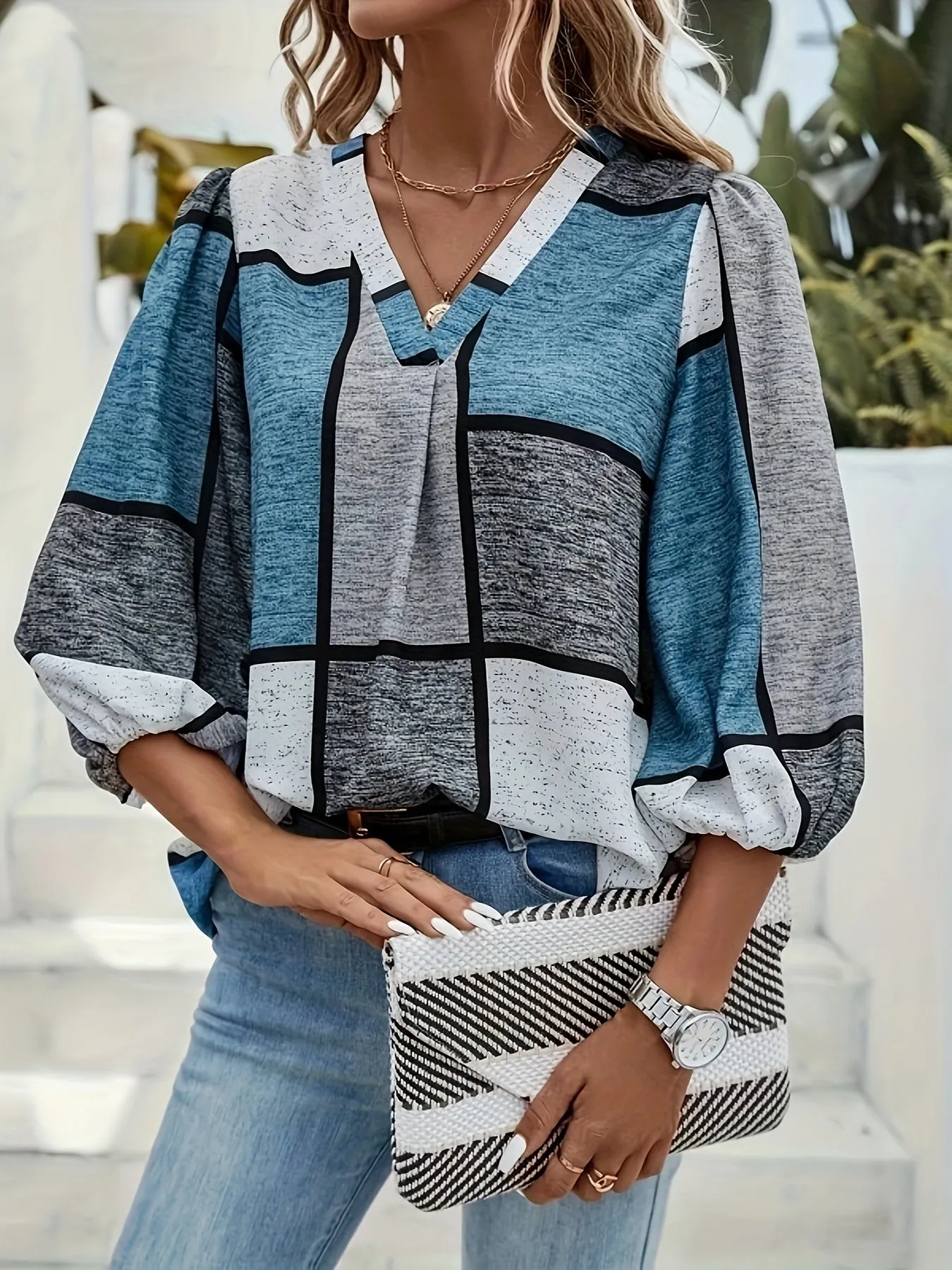 Versatile Vneck Patchwork Print Top for Womens Spring  Fall Wardrobe