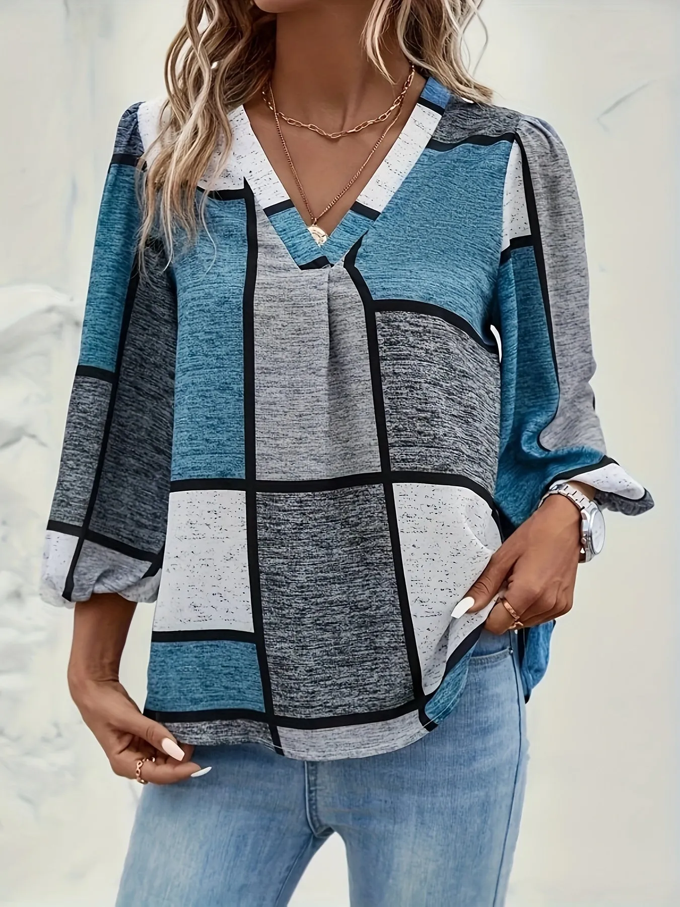 Versatile Vneck Patchwork Print Top for Womens Spring  Fall Wardrobe