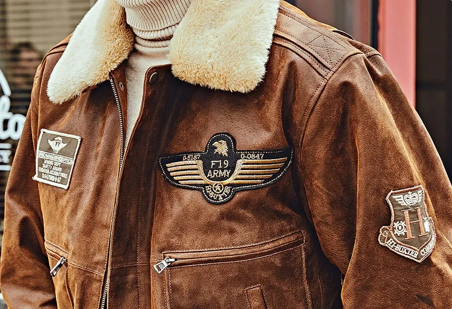 Vintage Style Shearling Flying F-19 Army Leather Jacket