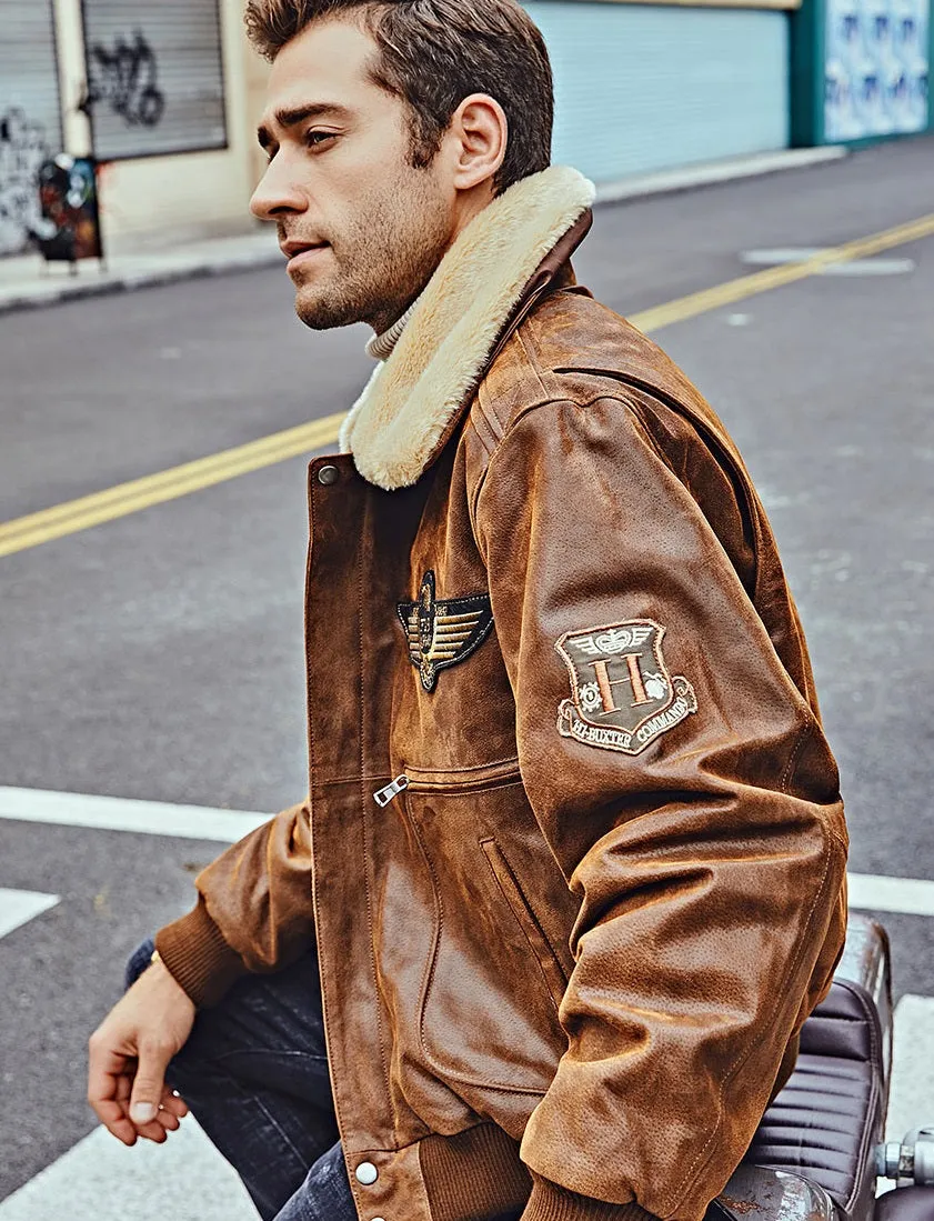 Vintage Style Shearling Flying F-19 Army Leather Jacket