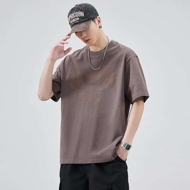 Washed Cotton Round Neck Versatile Premium Short Sleeve Tee