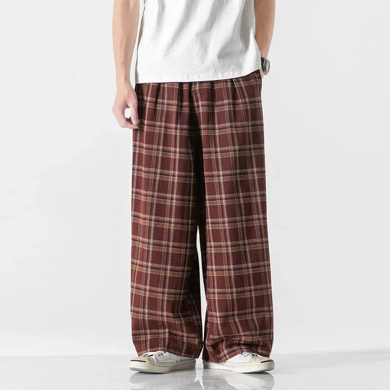 Wiaofellas - Spring Summer Chinese Traditional Dress Plus Size Straight Wide Pants Oversized Striped Plaid Casual Trousers Men Clothing