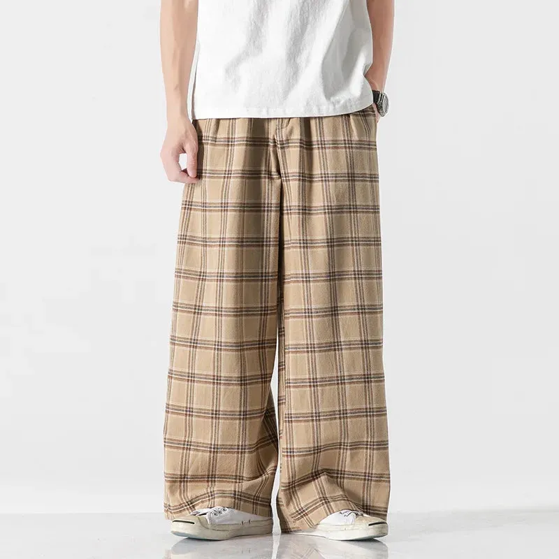 Wiaofellas - Spring Summer Chinese Traditional Dress Plus Size Straight Wide Pants Oversized Striped Plaid Casual Trousers Men Clothing