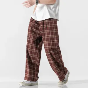 Wiaofellas - Spring Summer Chinese Traditional Dress Plus Size Straight Wide Pants Oversized Striped Plaid Casual Trousers Men Clothing