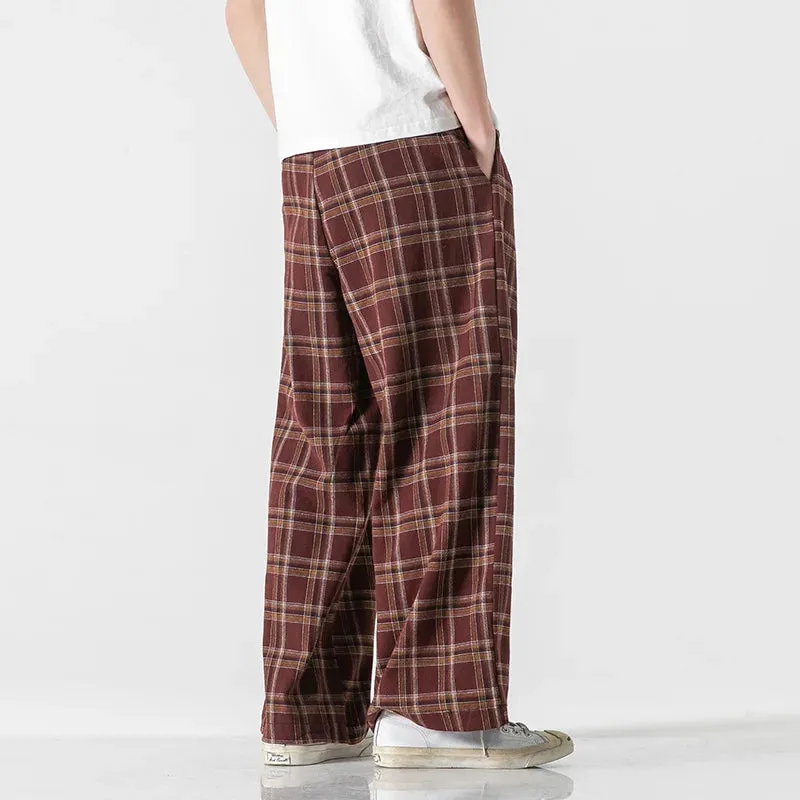 Wiaofellas - Spring Summer Chinese Traditional Dress Plus Size Straight Wide Pants Oversized Striped Plaid Casual Trousers Men Clothing