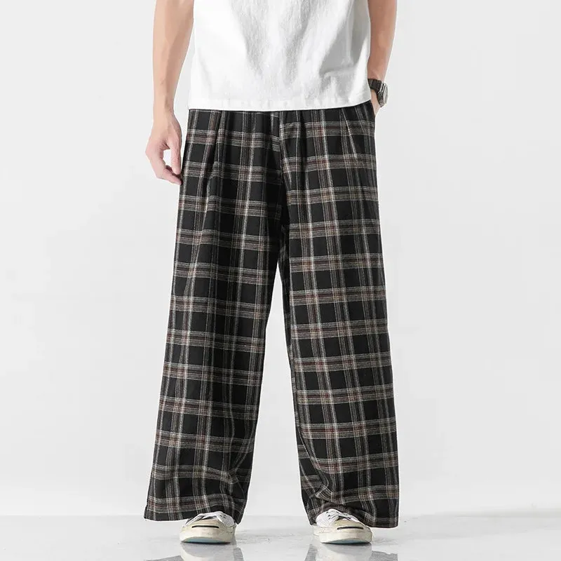 Wiaofellas - Spring Summer Chinese Traditional Dress Plus Size Straight Wide Pants Oversized Striped Plaid Casual Trousers Men Clothing