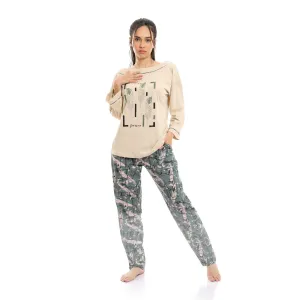 Wide Boat Neck Tee & Patterned Pants Pajama Set - Beige & Olive