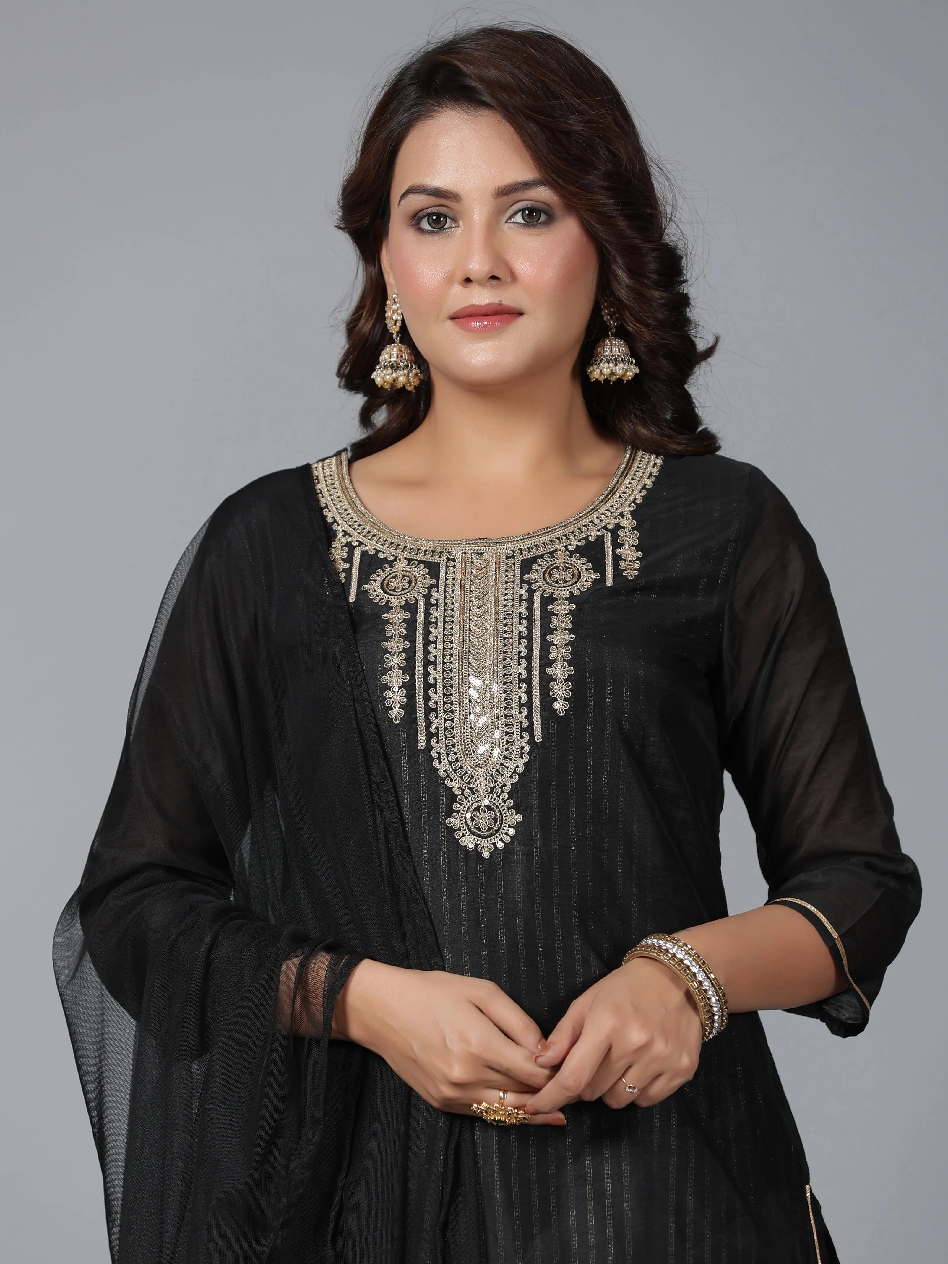 Women Black Chanderi Printed With Embroidery Kurta, Pants & Dupatta Set