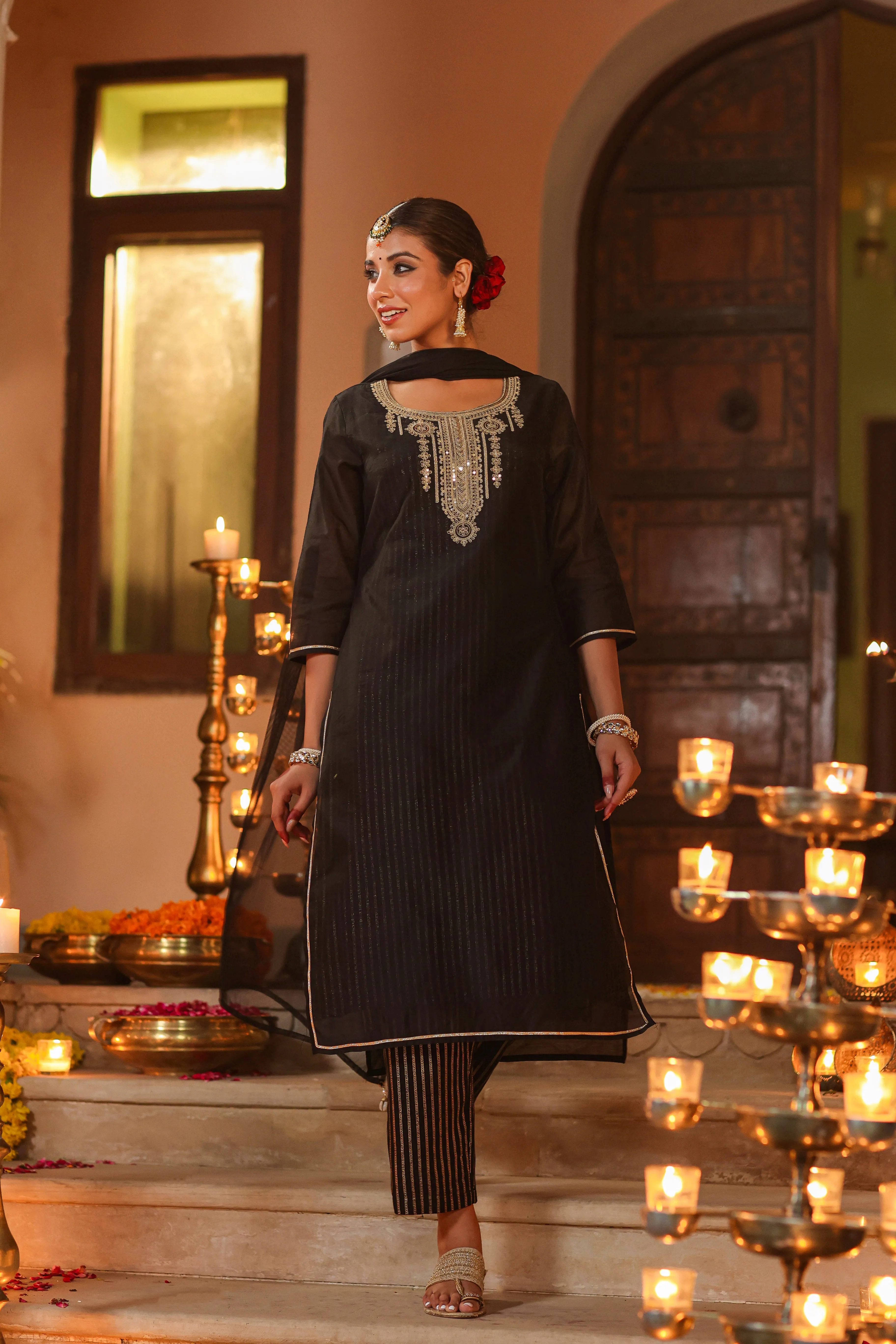 Women Black Chanderi Printed With Embroidery Kurta, Pants & Dupatta Set