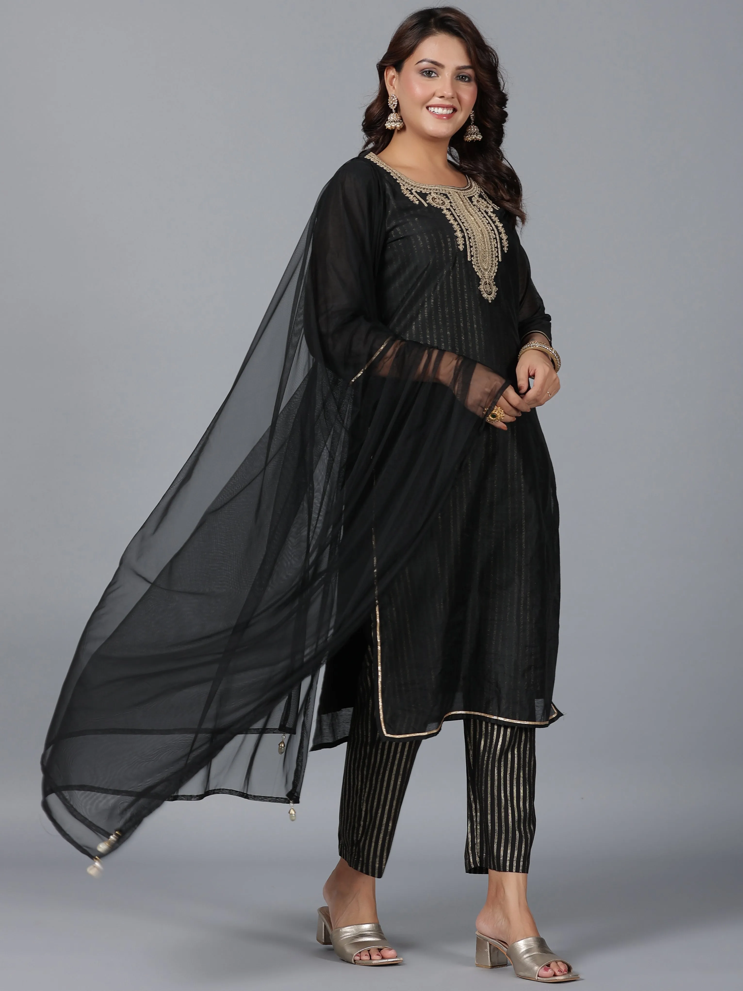 Women Black Chanderi Printed With Embroidery Kurta, Pants & Dupatta Set