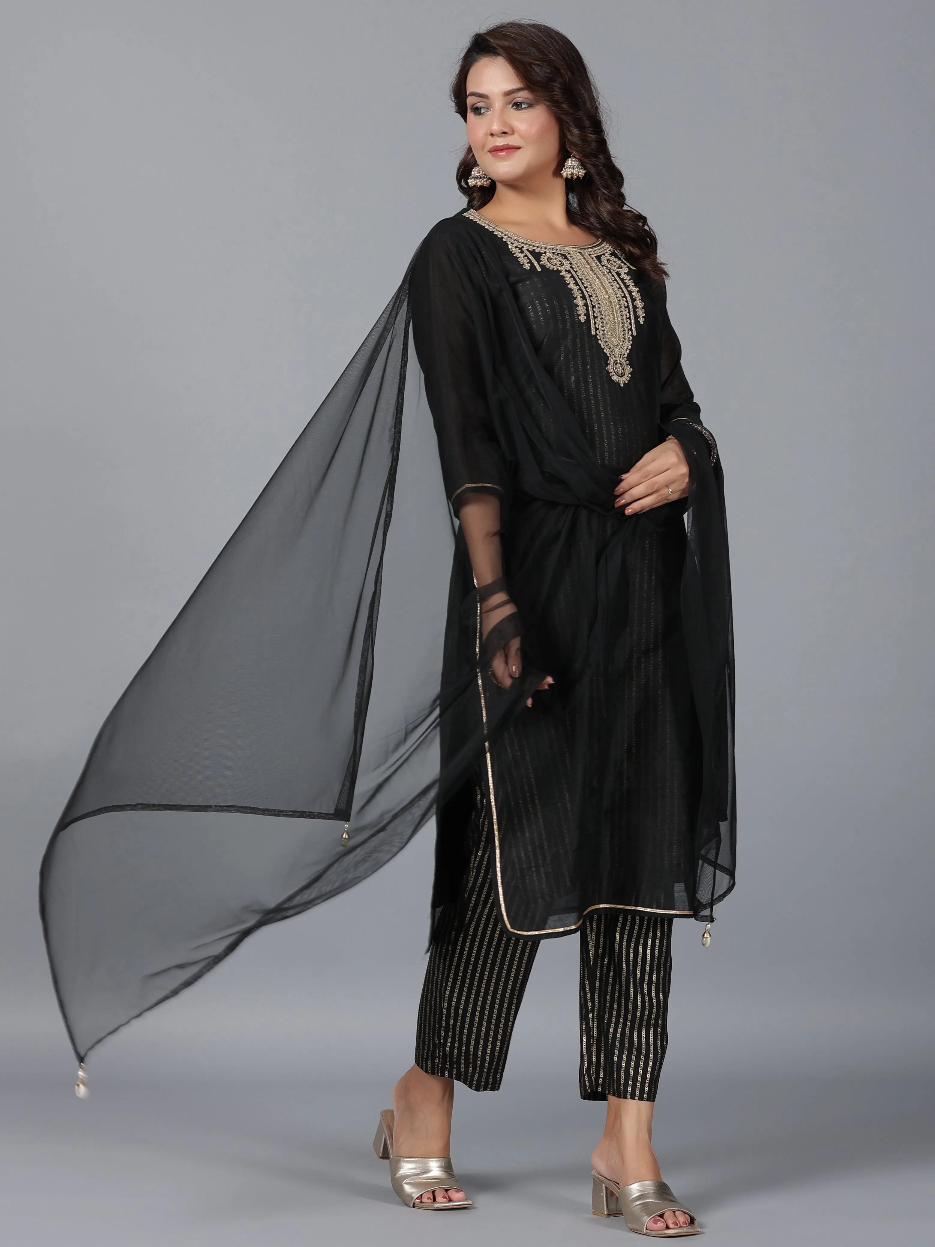 Women Black Chanderi Printed With Embroidery Kurta, Pants & Dupatta Set