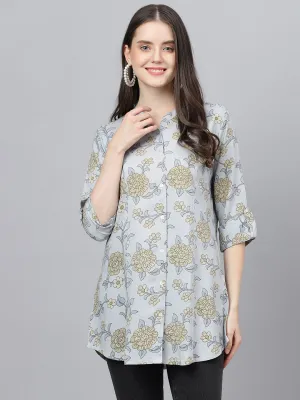 Women Dusty Blue Floral Printed Rayon A-Line Shirts Style Top