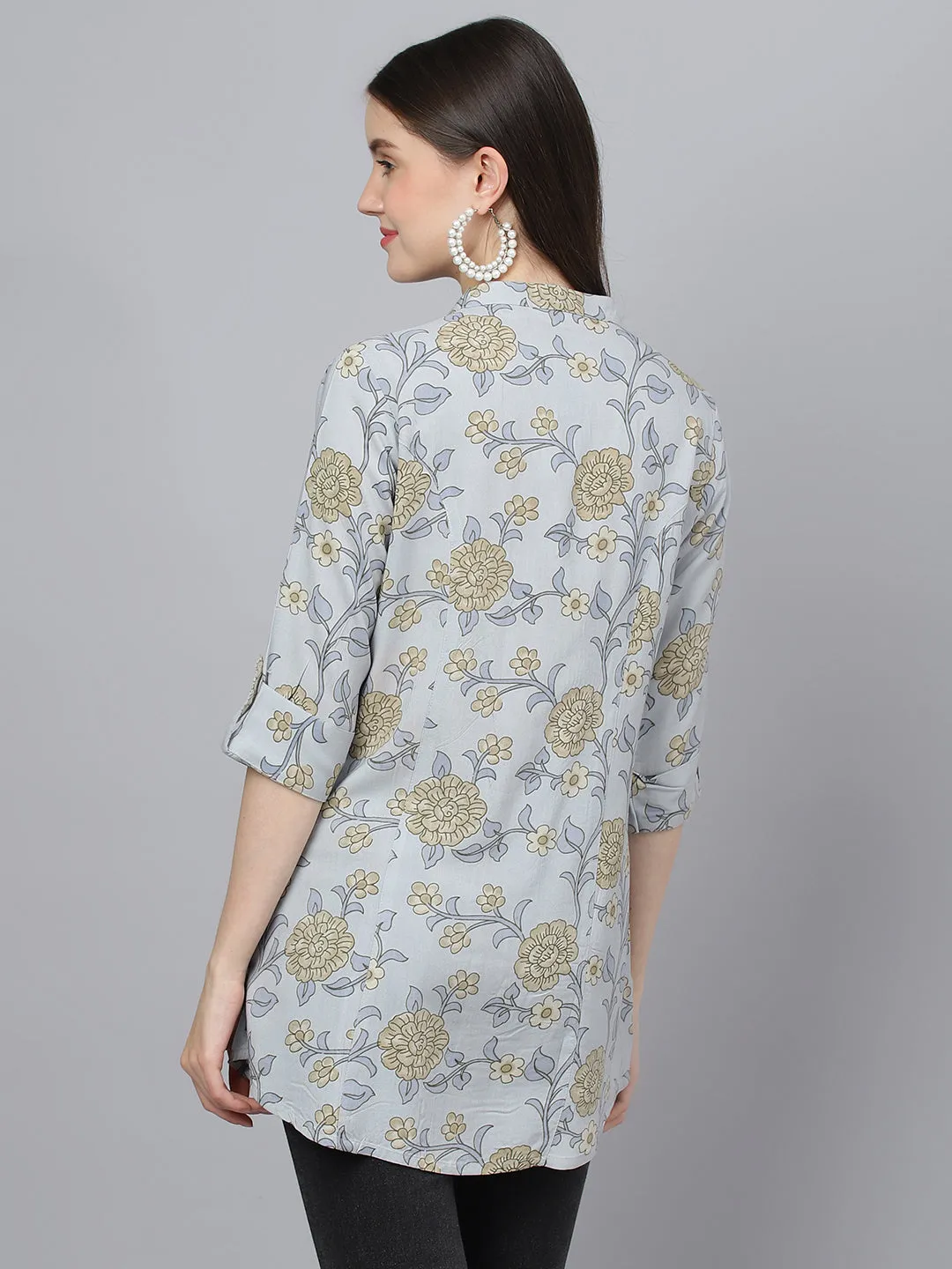 Women Dusty Blue Floral Printed Rayon A-Line Shirts Style Top