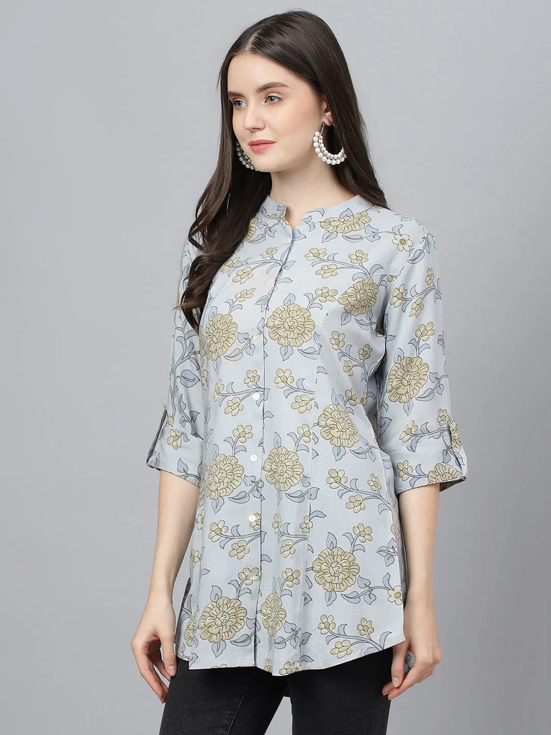 Women Dusty Blue Floral Printed Rayon A-Line Shirts Style Top