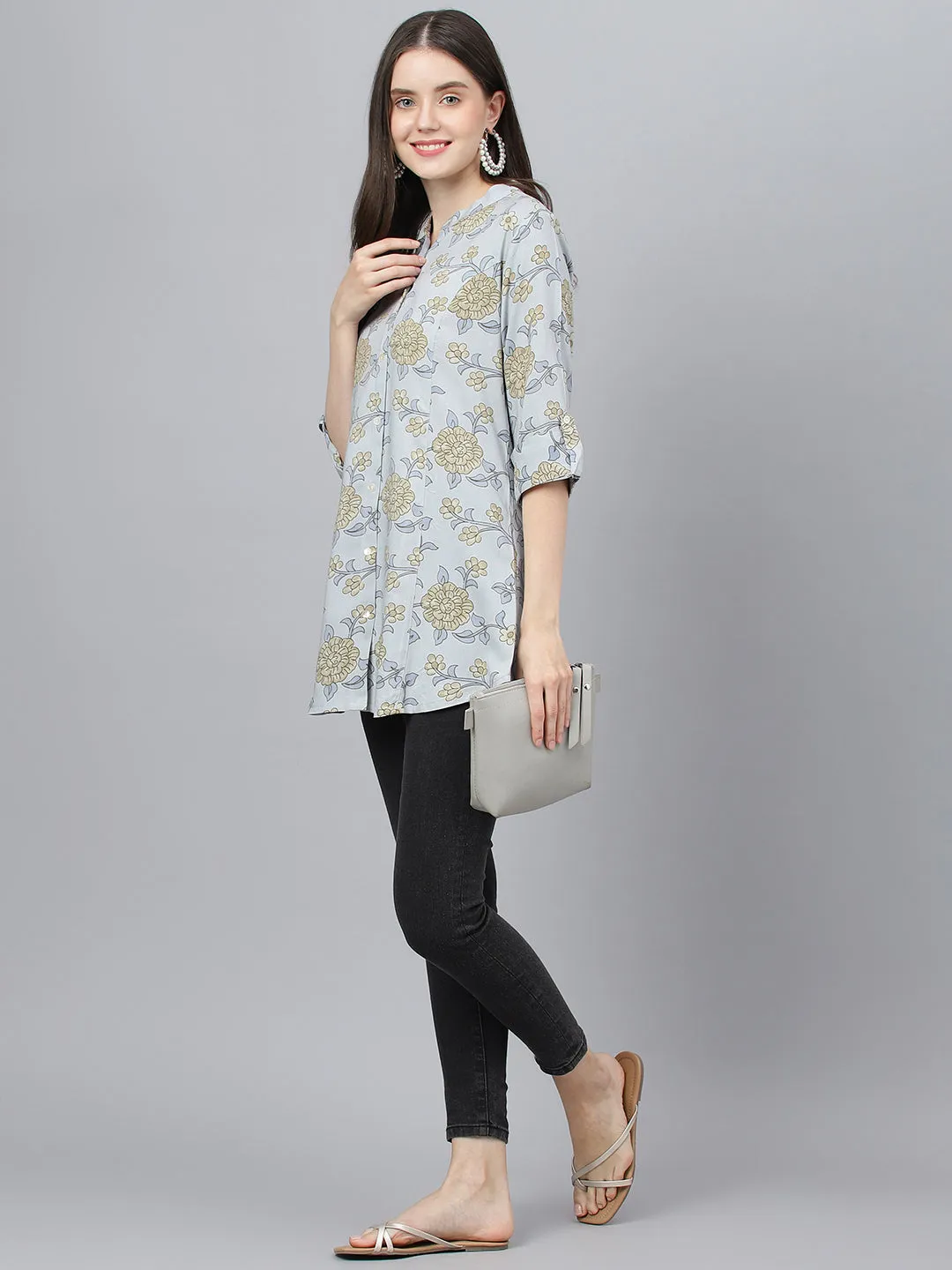 Women Dusty Blue Floral Printed Rayon A-Line Shirts Style Top