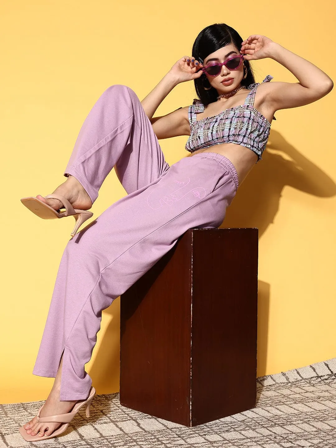 Women Lilac Line Art Wide Leg Terry Track Pants