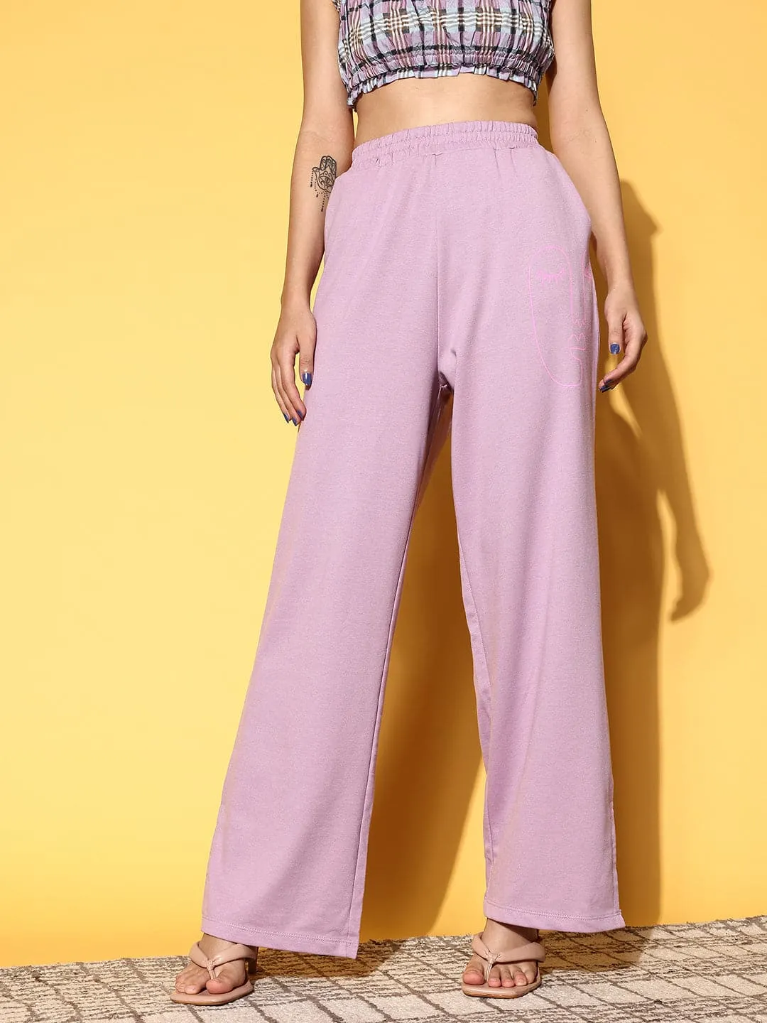 Women Lilac Line Art Wide Leg Terry Track Pants