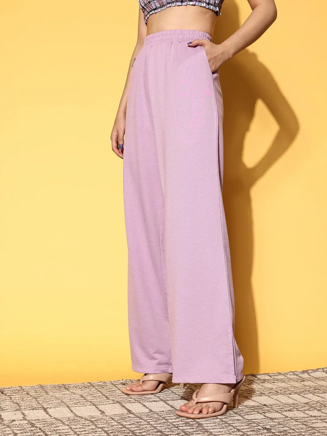 Women Lilac Line Art Wide Leg Terry Track Pants