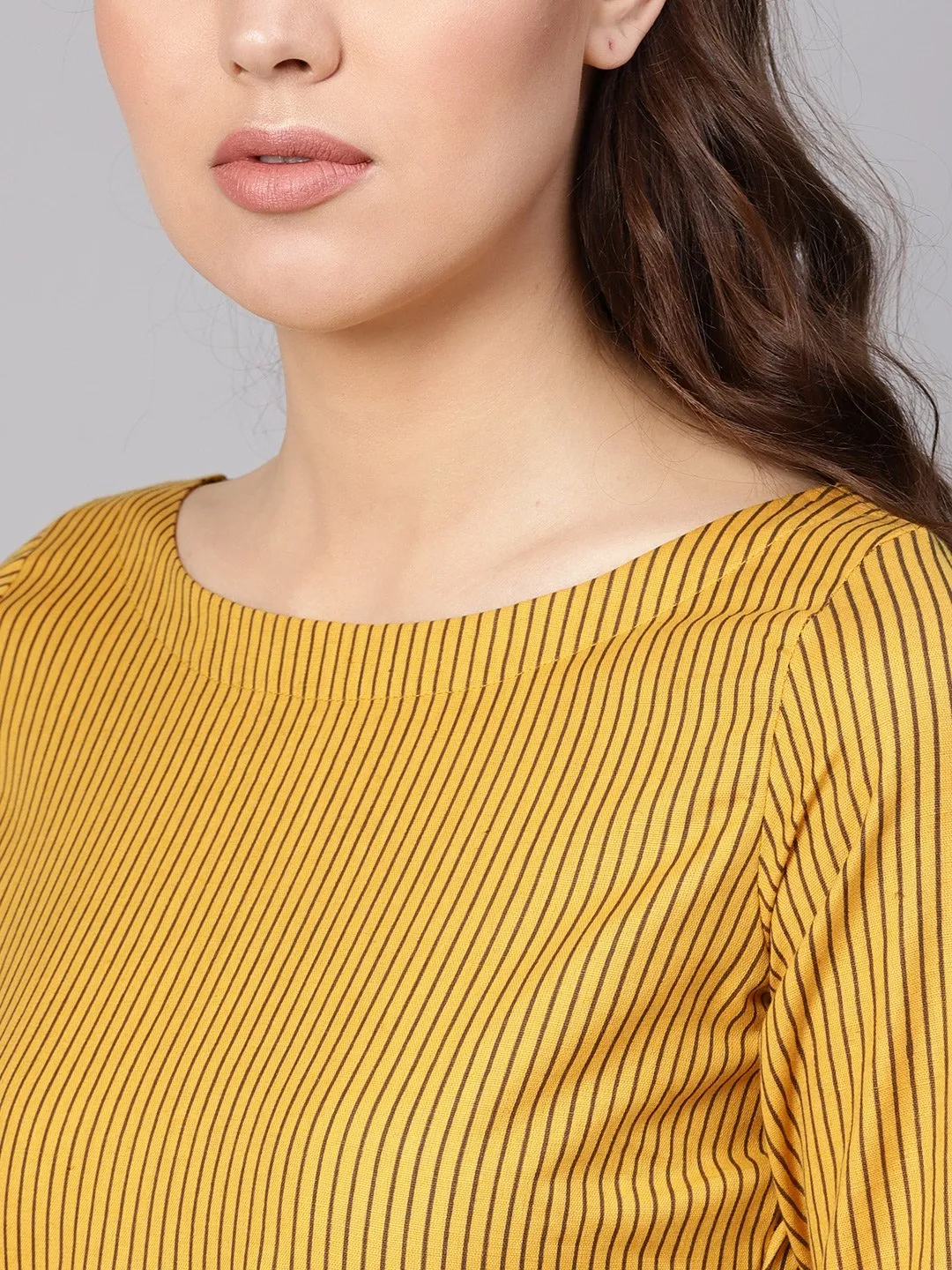 Women Mustard Yellow & Brown Striped A-Line Top