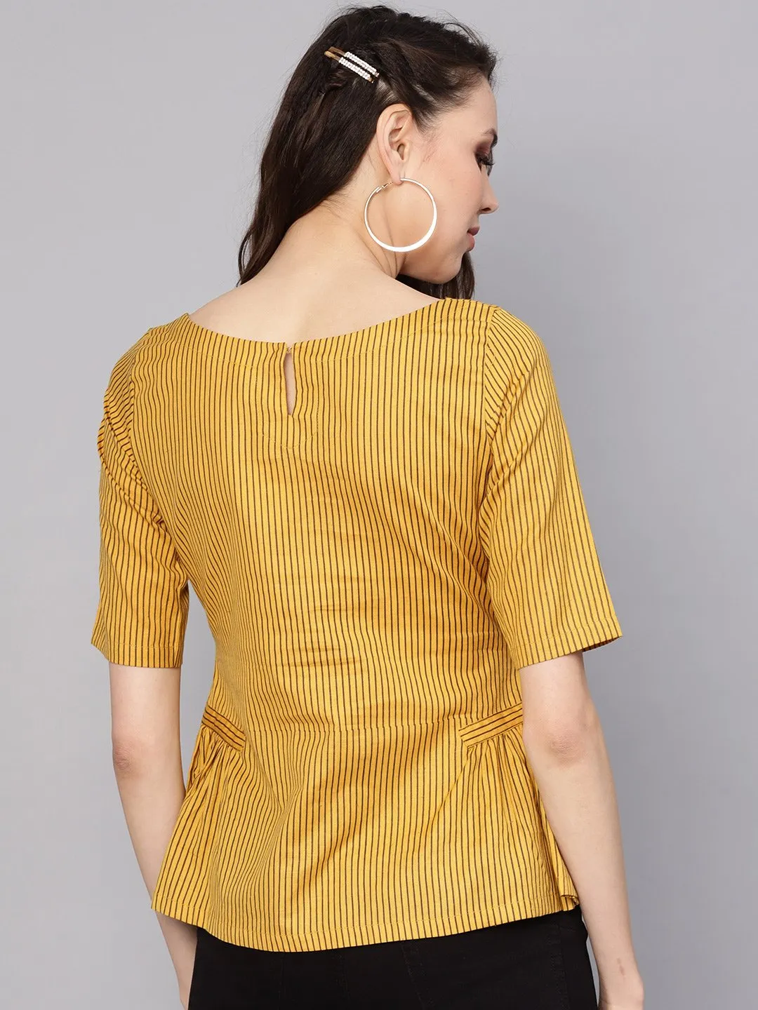 Women Mustard Yellow & Brown Striped A-Line Top