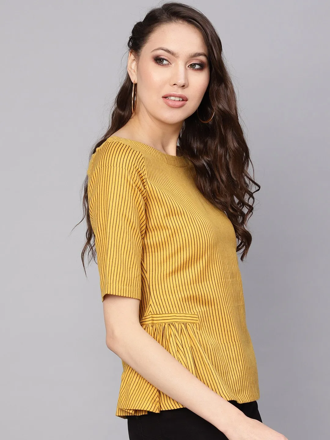 Women Mustard Yellow & Brown Striped A-Line Top