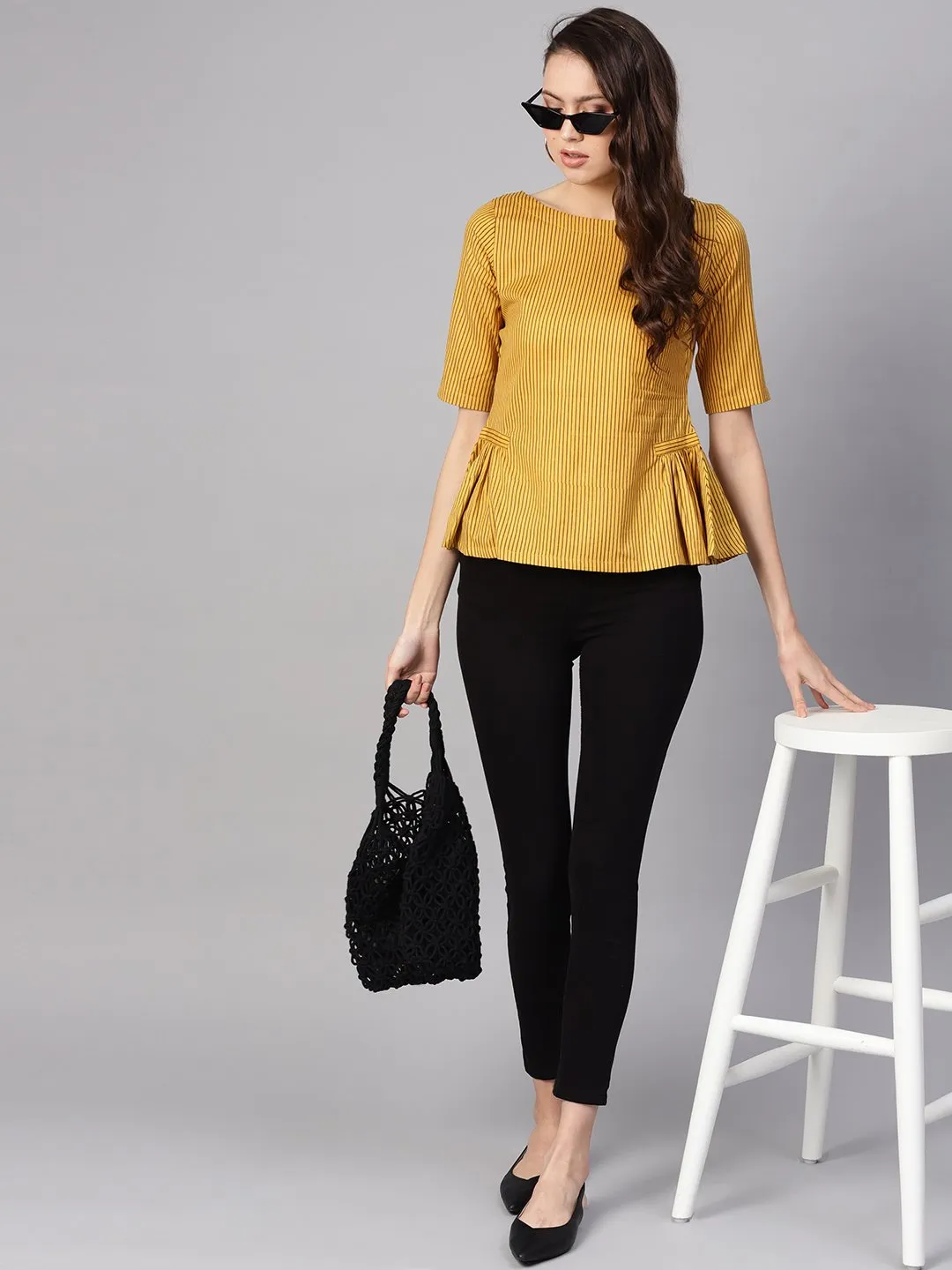 Women Mustard Yellow & Brown Striped A-Line Top