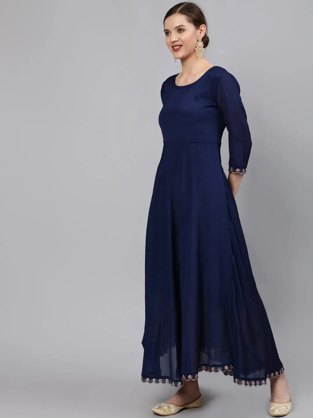 Women Navy Blue Embroidered Maxi Dress With Scalloped Dupatta