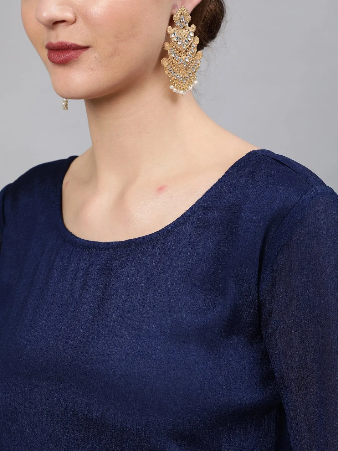 Women Navy Blue Embroidered Maxi Dress With Scalloped Dupatta