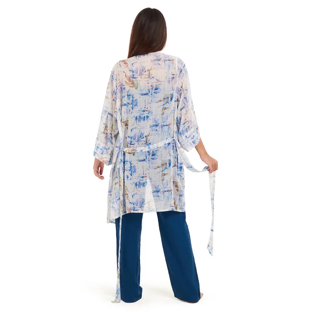 Women summer 3 piece pajama set Abstract Ocean watercolors kimono   Petroleum top & Pants