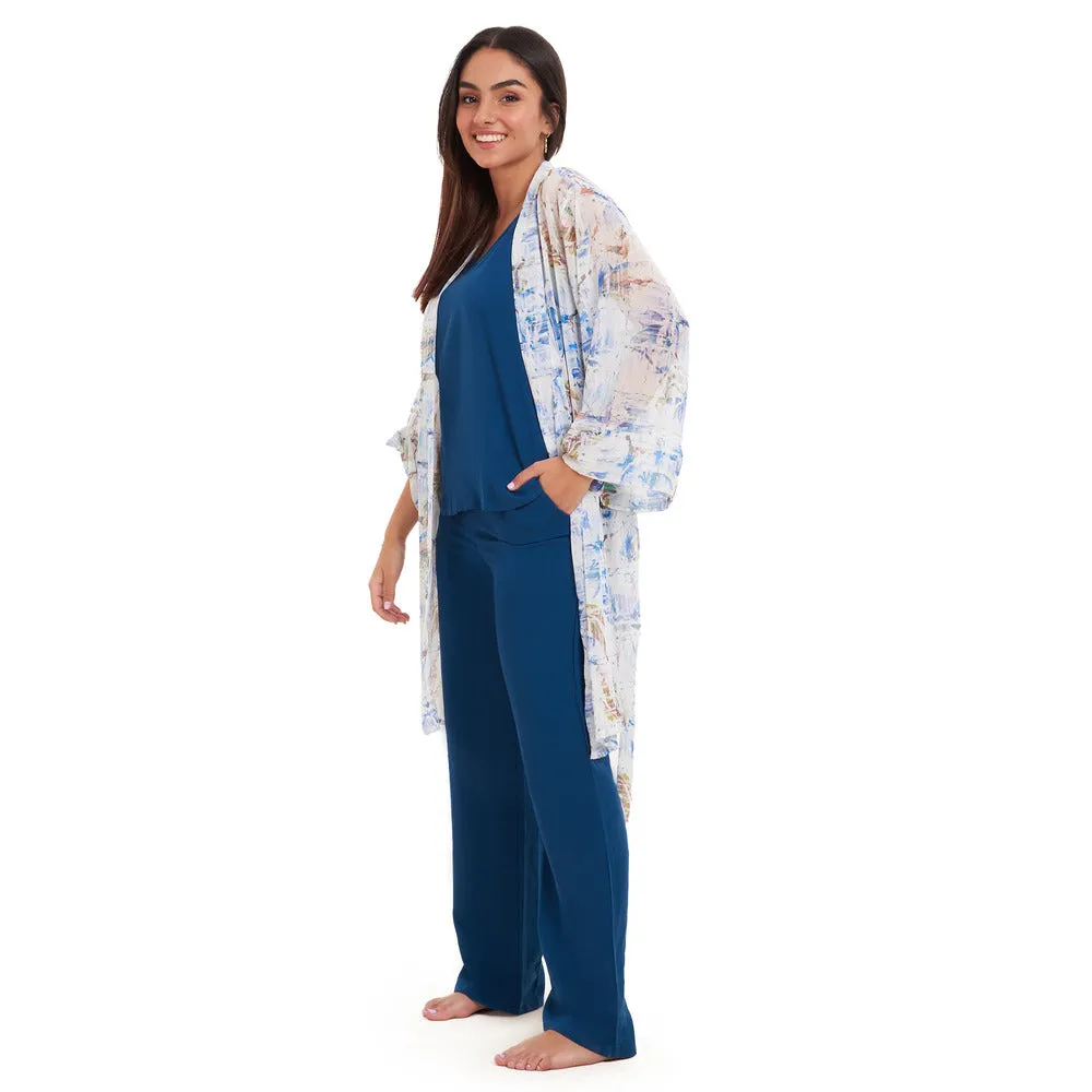 Women summer 3 piece pajama set Abstract Ocean watercolors kimono   Petroleum top & Pants