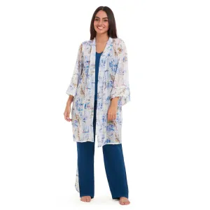 Women summer 3 piece pajama set Abstract Ocean watercolors kimono   Petroleum top & Pants