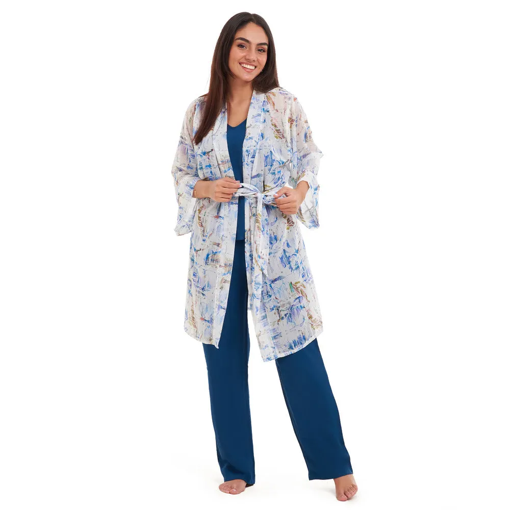 Women summer 3 piece pajama set Abstract Ocean watercolors kimono   Petroleum top & Pants