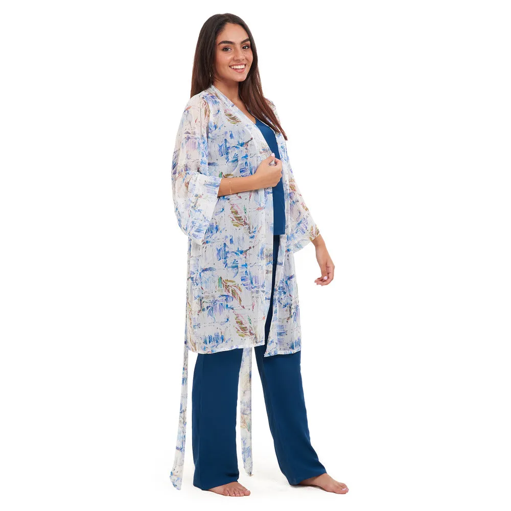 Women summer 3 piece pajama set Abstract Ocean watercolors kimono   Petroleum top & Pants