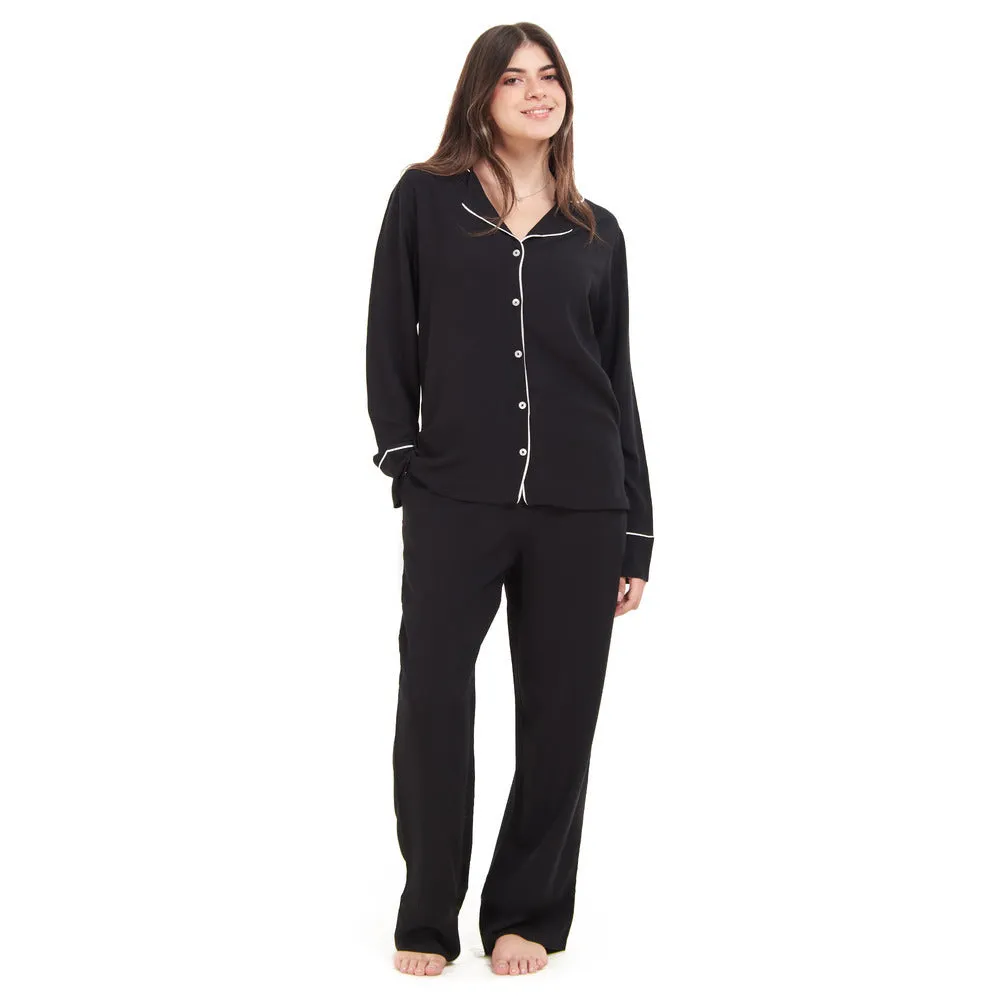 Women summer pajama set Black buttoned shirt   Pants